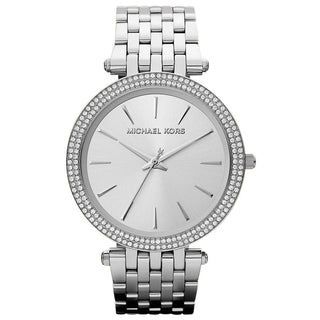 Front view of Michael Kors Darci MK3190 Silver Stainless Steel Womens Watch on white background