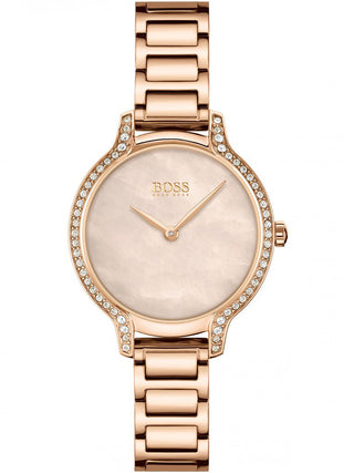 Front view of Hugo Boss 1502556 Mother Of Pearl Dial Rose Gold Stainless Steel Womens Watch on white background