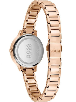 Angle shot of Hugo Boss 1502556 Mother Of Pearl Dial Rose Gold Stainless Steel Womens Watch on white background