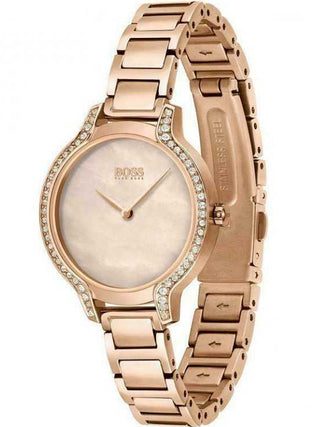 Angle shot of Hugo Boss 1502556 Mother Of Pearl Dial Rose Gold Stainless Steel Womens Watch on white background