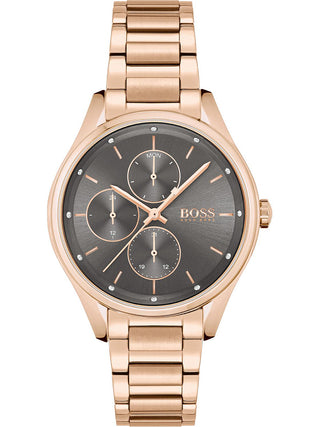 Front view of Hugo Boss 1502603 Grey Dial Rose Gold Stainless Steel Womens Watch on white background