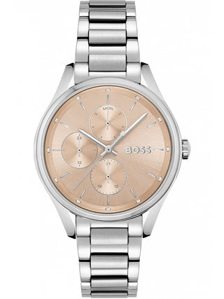 Front view of Hugo Boss 1502604 Rose Gold Dial Silver Stainless Steel Womens Watch on white background