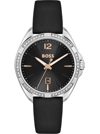 Front view of Hugo Boss 1502624 Black Leather Womens Watch on white background