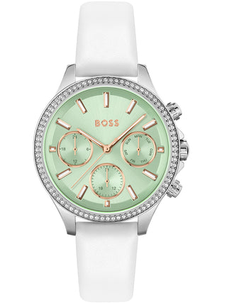 Front view of Hugo Boss 1502629 Green Dial White Leather Womens Watch on white background