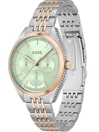 Angle shot of Hugo Boss 1502641 Green Dial Rose Gold Stainless Steel Womens Watch on white background