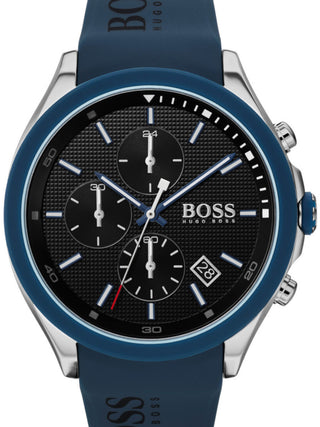 Front view of Hugo Boss Velocity Chronograph 1513717 Blue Silicone Unisex Watch on white background