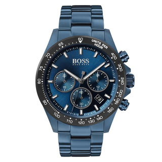 Front view of Hugo Boss Chronograph 1513758 Blue Stainless Steel Mens Watch on white background