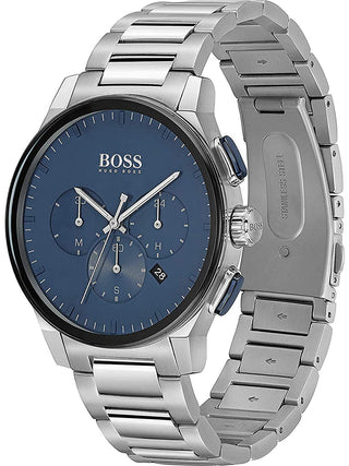 Angle shot of Hugo Boss Chronograph 1513763 Blue Dial Silver Stainless Steel Unisex Watch on white background