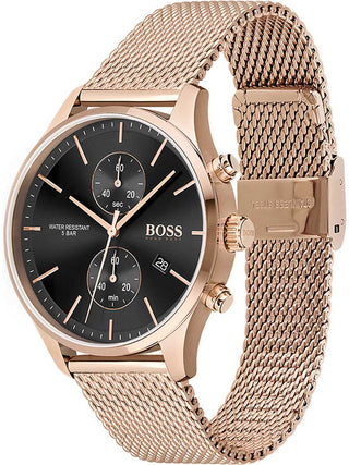 Angle shot of Hugo Boss Chronograph 1513806 Black Dial Rose Gold Stainless Steel Unisex Watch on white background