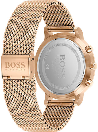 Angle shot of Hugo Boss Chronograph 1513808 Black Dial Rose Gold Stainless Steel Unisex Watch on white background