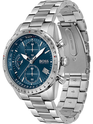 Angle shot of Hugo Boss Pilot Edition Chronograph 1513850 Blue Dial Silver Stainless Steel Mens Watch on white background