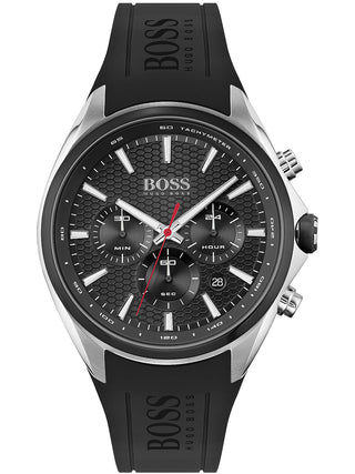 Front view of Hugo Boss Chronograph 1513855 Black Silicone Mens Watch on white background