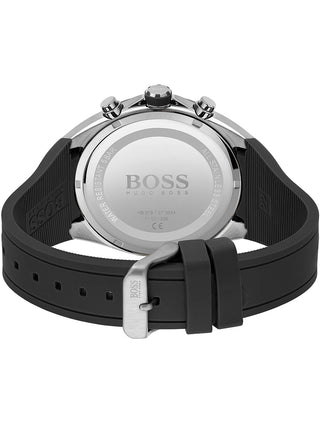 Angle shot of Hugo Boss Chronograph 1513855 Black Silicone Mens Watch on white background