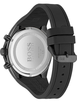 Angle shot of Hugo Boss Chronograph 1513859 Black Silicone Mens Watch on white background