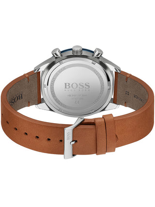 Angle shot of Hugo Boss Chronograph 1513860 Blue Dial Brown Leather Unisex Watch on white background