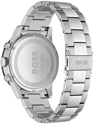 Angle shot of Hugo Boss Chronograph 1513922 Black Dial Silver Stainless Steel Unisex Watch on white background