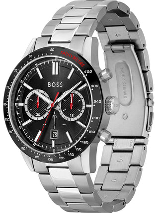 Angle shot of Hugo Boss Chronograph 1513922 Black Dial Silver Stainless Steel Unisex Watch on white background