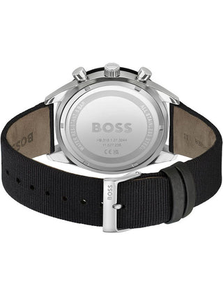 Angle shot of Hugo Boss Chronograph 1513936 Green Dial Black Leather Unisex Watch on white background