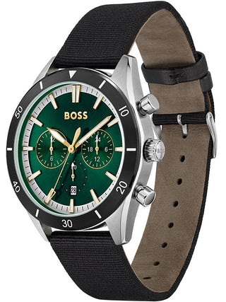 Angle shot of Hugo Boss Chronograph 1513936 Green Dial Black Leather Unisex Watch on white background