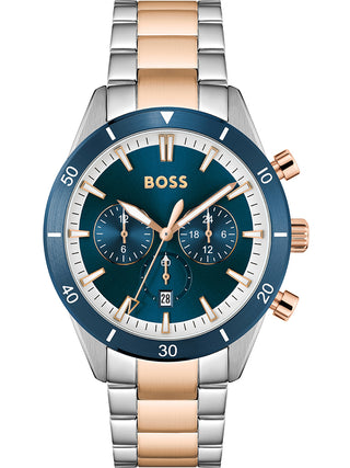 Front view of Hugo Boss Chronograph 1513937 Blue Dial Rose Gold Stainless Steel Unisex Watch on white background