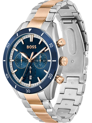 Angle shot of Hugo Boss Chronograph 1513937 Blue Dial Rose Gold Stainless Steel Unisex Watch on white background