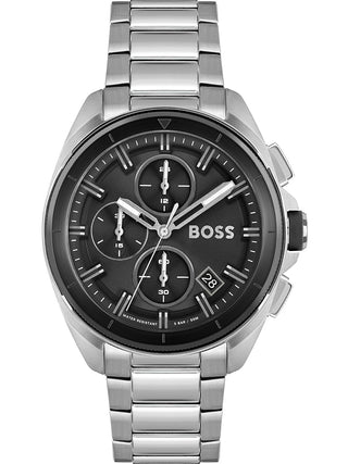 Front view of Hugo Boss Chronograph 1513949 Black Dial Silver Stainless Steel Mens Watch on white background