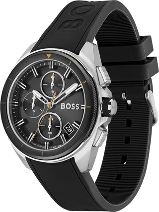 Angle shot of Hugo Boss Chronograph 1513953 Black Silicone Mens Watch on white background