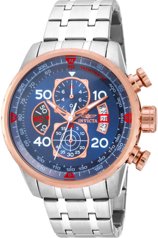 Front view of Invicta Aviator Chronograph INV17203 Blue Dial Grey Stainless Steel Mens Watch on white background