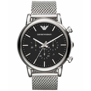 Front view of Emporio Armani Classic Chronograph AR1808 Black Dial Silver Stainless Steel Mens Watch on white background