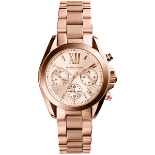 Front view of Michael Kors Bradshaw Chronograph MK5799 Rose Gold Stainless Steel Womens Watch on white background