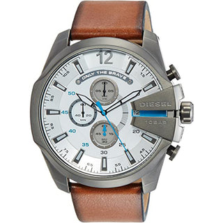 Front view of Diesel Mega Chief Chronograph DZ4280 White Dial Brown Leather Mens Watch on white background