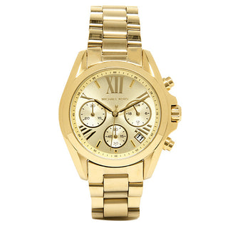 Front view of Michael Kors Bradshaw MK5798 Gold Stainless Steel Womens Watch on white background