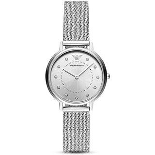 Front view of Emporio Armani Kappa AR11128 Silver Stainless Steel Womens Watch on white background