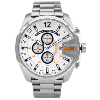 Front view of Diesel Mega Chief Chronograph DZ4328 White Dial Silver Stainless Steel Mens Watch on white background