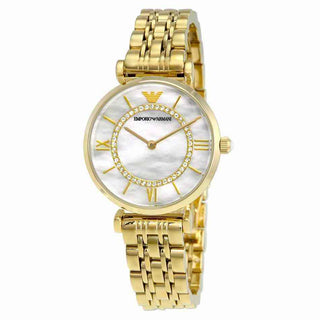 Front view of Emporio Armani Gianni T Bar M AR1907 Mother Of Pearl Dial Gold Stainless Steel Womens Watch on white background