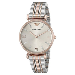 Front view of Emporio Armani Gianni T Bar AR1840 Grey Dial Two Tone Stainless Steel Womens Watch on white background