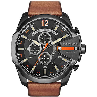 Front view of Diesel Mega Chief Chronograph DZ4343 Black Dial Brown Leather Mens Watch on white background