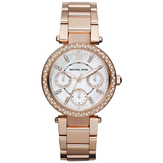 Front view of Michael Kors Parker MK5616 Mother Of Pearl Dial Rose Gold Stainless Steel Womens Watch on white background