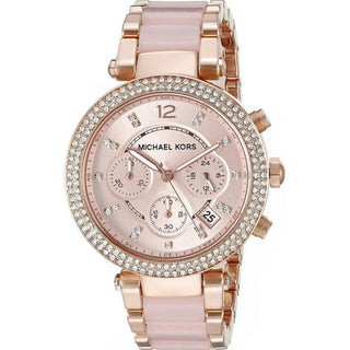 Front view of Michael Kors Parker MK5896 Rose Gold Dial Two Tone Plastic Womens Watch on white background