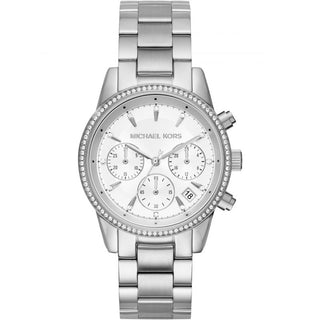 Front view of Michael Kors Ritz MK6428 Silver Stainless Steel Womens Watch on white background