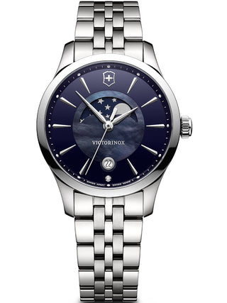 Front view of Victorinox 241752 Black Dial Silver Stainless Steel Womens Watch on white background
