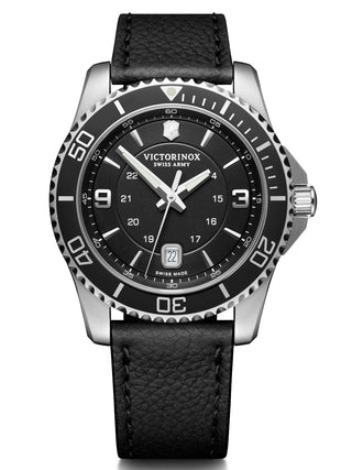 Front view of Victorinox 241862 Black Leather Unisex Watch on white background
