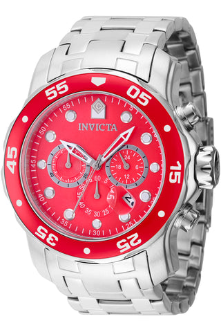 Front view of Invicta Pro Diver Chronograph INV40192 Red Dial Grey Stainless Steel Mens Watch on white background