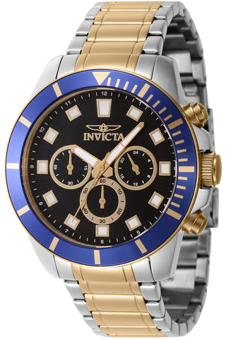 Front view of Invicta Pro Diver Chronograph INV46047 Black Dial Gold Stainless Steel Mens Watch on white background