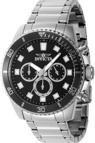 Front view of Invicta Pro Diver Chronograph INV46050 Black Dial Grey Stainless Steel Mens Watch on white background