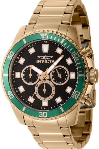 Front view of Invicta Pro Diver Chronograph INV46055 Black Dial Gold Stainless Steel Mens Watch on white background