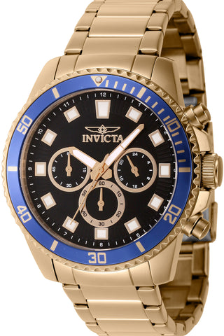 Front view of Invicta Pro Diver Chronograph INV46056 Black Dial Gold Stainless Steel Mens Watch on white background