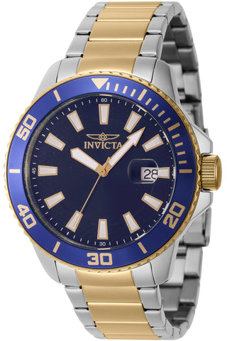 Front view of Invicta Pro Diver INV46071 Blue Dial Gold Stainless Steel Mens Watch on white background