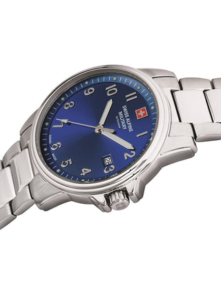 Angle shot of Swiss Alpine Military 7011.1135 Blue Dial Silver Stainless Steel Unisex Watch on white background