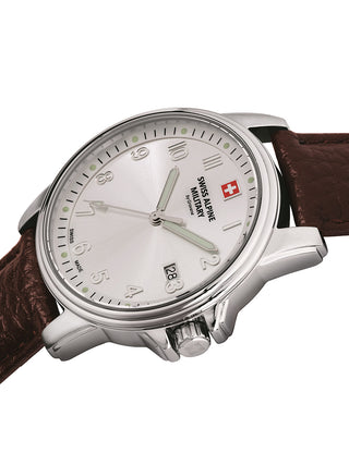 Angle shot of Swiss Alpine Military 7011.1532 Silver Dial Brown Leather Unisex Watch on white background